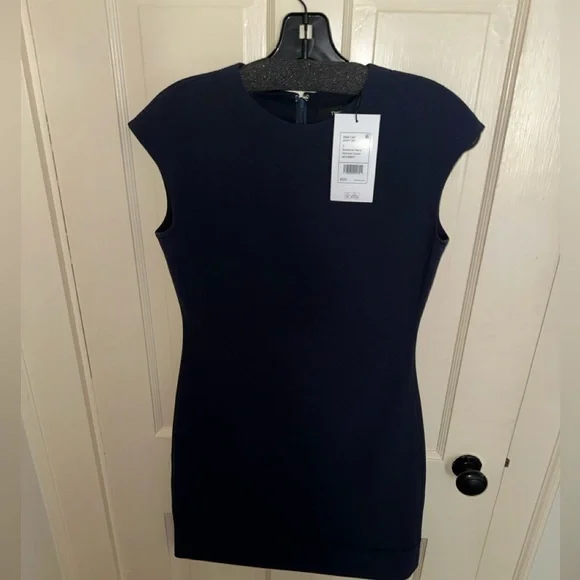 Theory Embroidered Shift Dress in Crepe - Deep Navy/Black - 2
